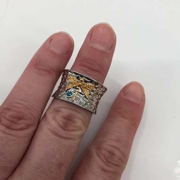 Dragonfly Ring Thumb Ring Silver Tone Hammered Look Unisex - Picture 8 of 13